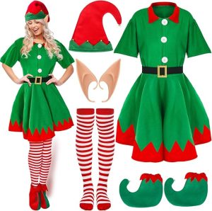 6 Pcs Women Christmas Elf Costume Set Costume Dress Xmas Festive Outfit with Elf Ears Hat Shoes Belt Striped Socks