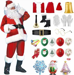 Santa Claus Costume for Men 25PCS, Christmas Santa Costume for Men Adult Deluxe Santa Suit