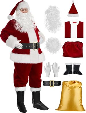 Santa Claus Costume for Men 9PCS, Christmas Santa Costume Adult Deluxe Santa Suit Professional Santa Outfit